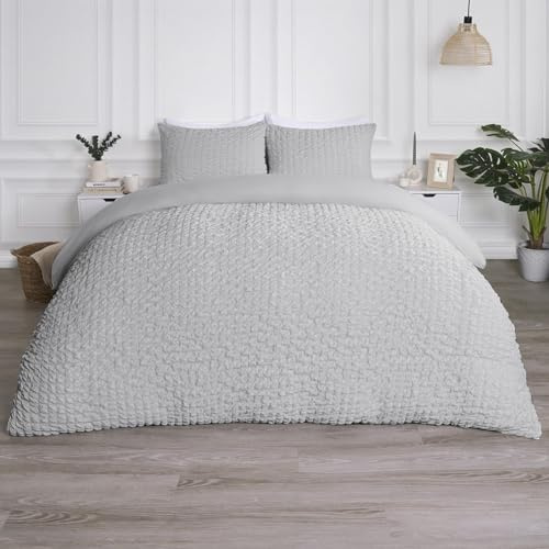 OHS Grey Bedding Double Duvet Set, Geometric Seersucker Duvet Cover Luxurious Quilt Cover Embossed Waffle Bedding Double Bed Set with Matching Pillowcases