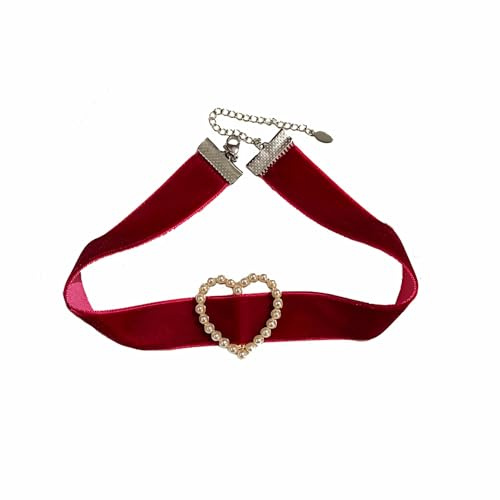 Faruodis Perle Rose Blume Choker Halskette Samt Herz Kamelie Halskette Kunstperle Liebe Halsband Kette Schmuck für Frauen (Rotes Herz)
