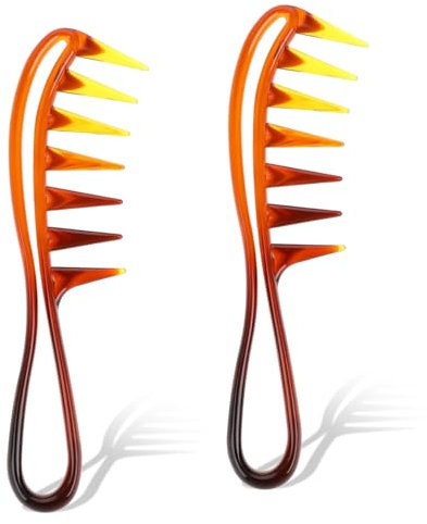 Wide Tooth Comb for Curls, 2 Pieces Large Shark Tooth Combs Durable Plastic Hair Combs Salon Hairdressing Comb Hairstyle Tool for Long Curly Wet Wavy Hair Wigs (Amber Style)