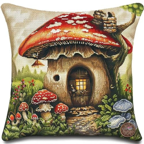 Kitquiver Knüpfen Kissen Set Erwachsene Pilz Knüpfen und Weben Set 43X43cm DIY Knüpfen Set Kissen Bastelset Knüpfen Handwerksset Kissen DIY Bastelset für Anfänger für die Sofa-Heimdekoration