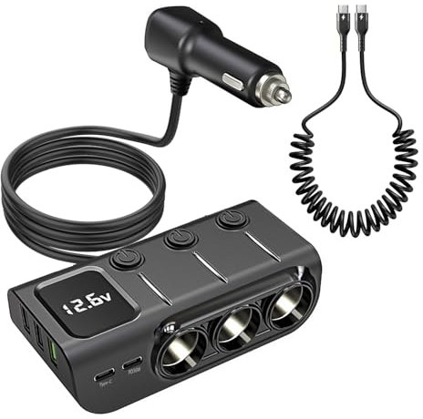 Hoembpn 120W KFZ Zigarettenanzünder Verteiler 8 in 1 USB C Auto Ladegerät Adapter 3 Mehrfach Steckdose 5 USB PD Ports 12V Splitter mit LED Voltmeter Schalter, USB C auf USB C Ladekabel Spiralkabel
