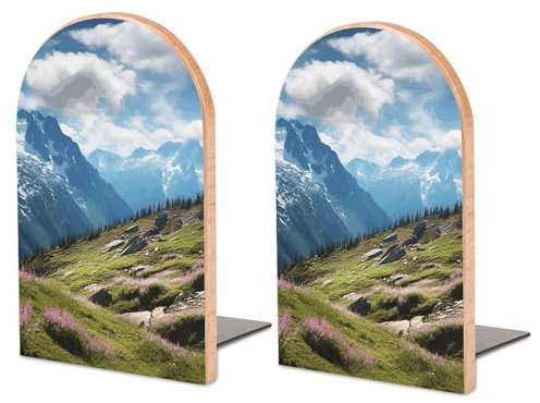 Serre-livres contemporains en bois de hêtre et fer, motif montagnes, très résistant, design moderne, pour bibliothèque et bureau