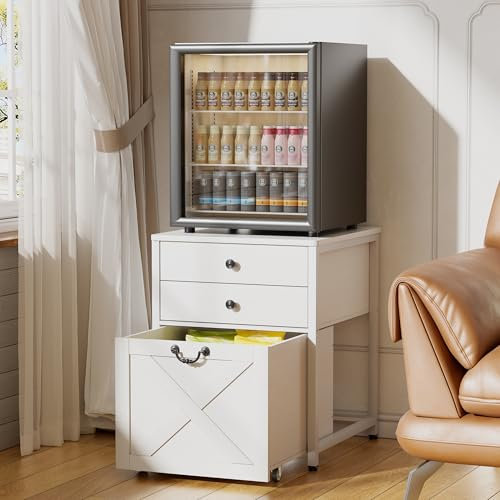 Support pour mini-réfrigérateur Hauteur 69CM Table pour mini-réfrigérateur avec 2 tiroirs et 1 armoire à roulettes Table pour réfrigérateur à boissons pour dortoir, maison, bureau, chambre, blanc