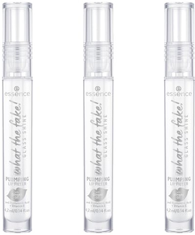 essence what the fake! GLASS SHINE PLUMPING LIP FILLER, Lip Booster, Nr. 01, Transparent, feuchtigkeitsspendend, vegan, ohne Parabene, ohne Mikroplastikpartikel, Nanopartikel frei, 3er Pack (3x4.2ml)