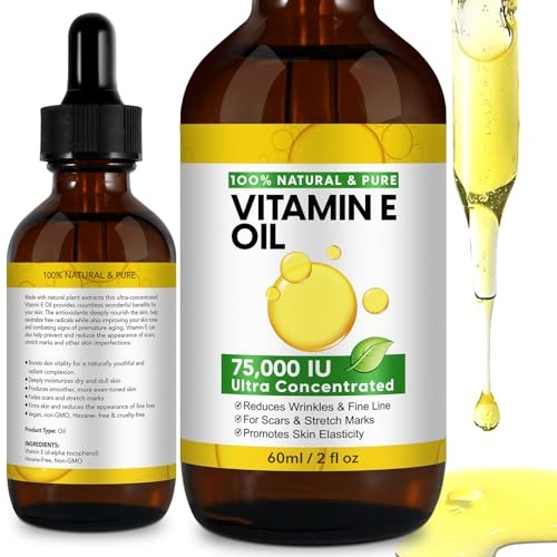 Natural Vitamin E Oil for Skin, 75,000 IU Ultra Concentrated Vitamin E Oil for Face, Hair and Scars, Moisturizing Dry Skin Oils, Promotes Skin Elasticity, 2Fl Oz