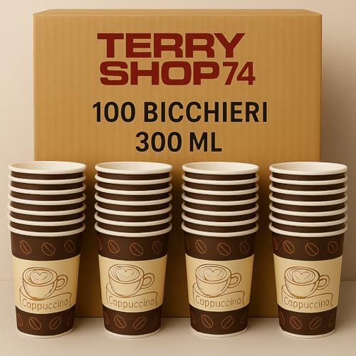 Terryshop74 Vasos de papel biodegradable XXXL 300 ml para bebidas frías calientes y capuchino cerveza (100 capuchino, 100 unidades)