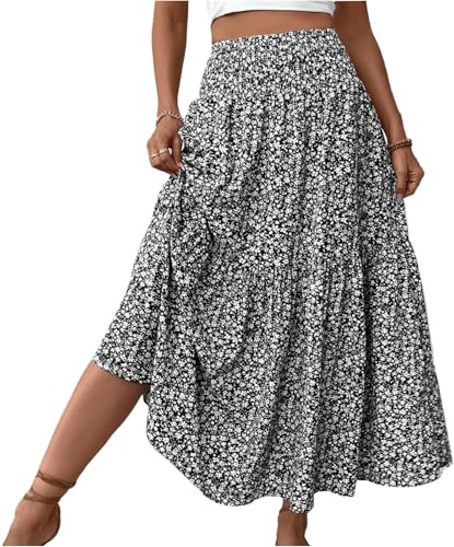 Sommerrock Damen Leicht Und Luftig Langer Rock Röcke Damen Lang Sommer Bohemien Druck Strandrock Maxirock Plissee Rock Langer Sommer Strandkleider Kleid（1-Dark Blue，S）