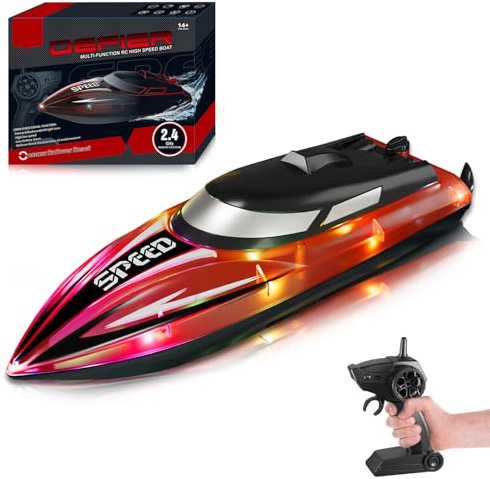 RoserRose Barca telecomandata, barca radiocomandata con illuminazione a LED, telecomando da 2,4 G, doppio motore, impermeabile e protezione contro il ribaltamento, per bambini, con 2 batterie per mari