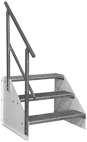 SRM Design 3 Stufen Standtreppe M1 Breite 80cm weiß 1x Geländer | Höhe 63cm freistehend Stahltreppe Wangentreppe Gitterrosttreppe Außentreppe Industrietreppe