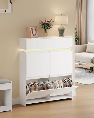 Hzuaneri Skoskåp med 4 klaffar, smal skohylla med LED-lampor, skohylla, justerbar skiljevägg, 20 par, 100 x 119 x 24 cm, skoförvaring för entré, hall, vit SR53603XEU