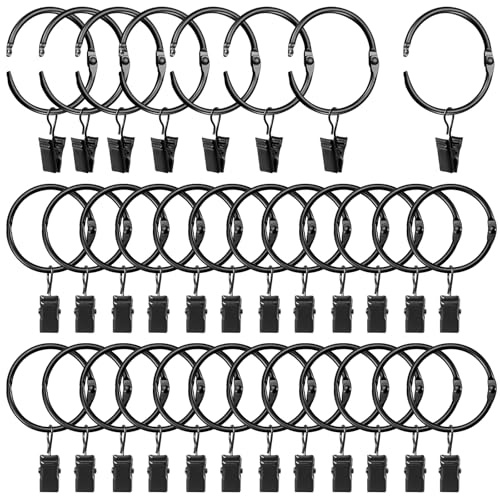 LLPJS Openable Curtain Rings with Clips, Open Drapery Rings with Hooks, Curtain Clips 1.5 inch Interior Diameter, Fit up to 1.2 Curtain Rod (Black, 1.5 I D Set of 32)