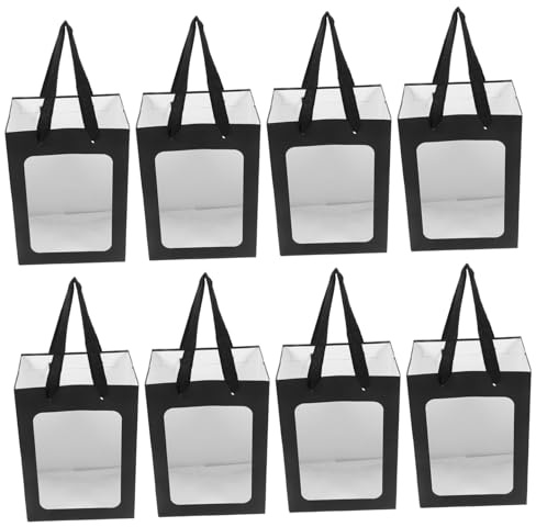 BAZEITFLOW 12 Geschenktüten mit Transparentem Fenster Schwarz 18x13x25cm Papiertragetaschen für Hochzeit Party Geburtstagsdeko und Geschenkverpackung
