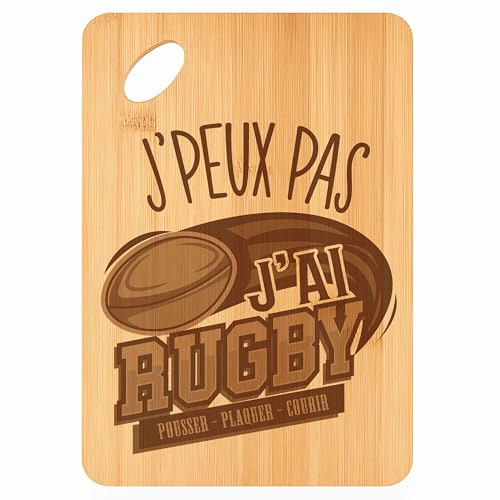 Planche à découper Rugby Pousser Plaquer Courir J'peux pas - Plateau Apéro en Bambou Cadeau Gravé pour Homme Femme Cuisine Barbecue