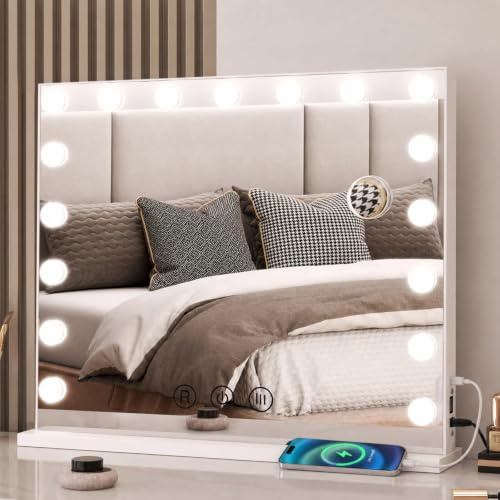 Hamlody Specchio da trucco con luci, 80 x 60 cm, 18 LED Dimmerabili, 3 temperature di colore, Specchi ingranditore 10x, Ricarica USB/Type-C, Controllo touch e funzione di memoria della luminosità