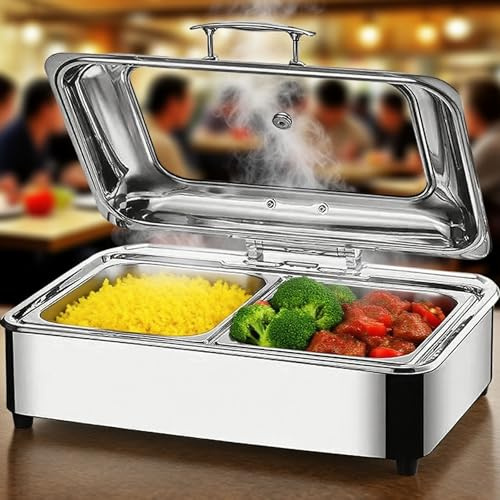 Chafing Dish Elektrisch, 9L Edelstahl Speisewärmer Buffetwärmer (GN1/2) | Einstellbare Temperatur Kommerziell Wärmebehälter Essen mit Sichtbarem Glasdeckel für Buffets und Partys