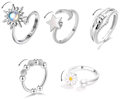5Pcs Fidget Ring, Anxiety Ring, Fidget Rings, Fidget Rings for Anxiety Women and Relieve Anxiety Rings Adjustable Open Spinner Rings for Anxiety Men Gifts Birthday Party