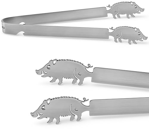 Geiserailie Edelstahl Grill Zange Bratwurstzange Jagdgeschenk, Wildschwein | Jäger Geschenk Grill Zubehör für Jagd Jäger Jägerin Männergeschenk Geburtstag, Spülmaschinengeeignet, Silber