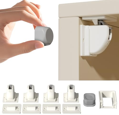 Magnetische Kindersicherung für Schränke & Schubladen ohne Bohren–4 Schlösser + 1 Schlüssel, Unsichtbare Magnetische Schranksicherung für Baby