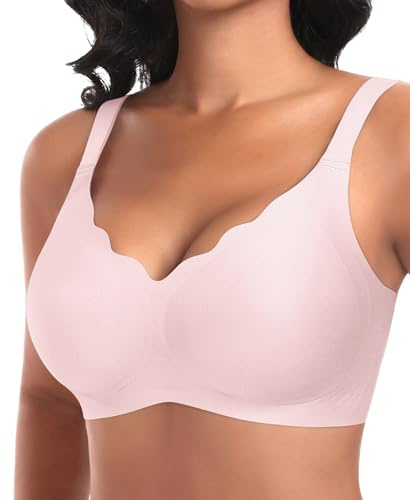 Ganado Jelly Bras for Women Wireless Seamless Bra Non Wired Gel Push Up Support Bras Scalloped Padded T Shirt Full Coverage Bra #2 Pink, L