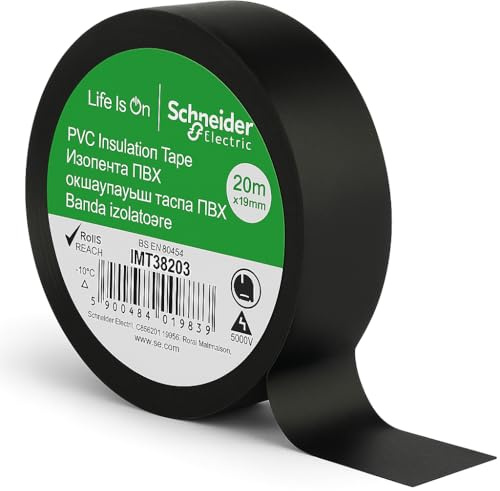 Schneider Electric Premium PVC Electrical Tape Black 19mm x 20m – Fire Retardant Insulation Tape for Wiring, Repairs & Cable Protection - Electrical Maintenance (IMT38203). 1 x Roll.