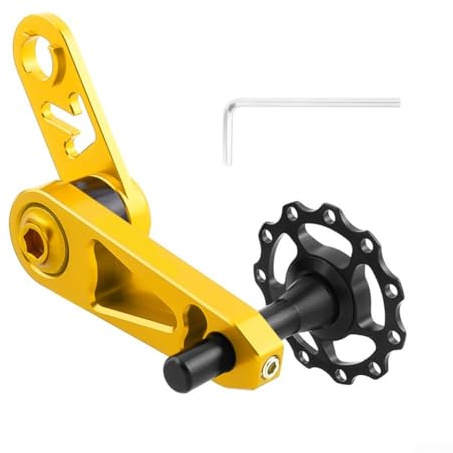 Volakebeing Tensor de cadena de bicicleta de una sola velocidad para cadena ovalada, aleación de aluminio y guía de cadena de acero inoxidable con polea flotante, compatible con (dorado)