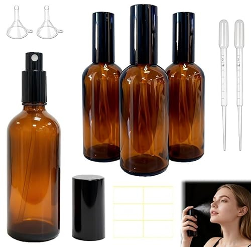 Flacon Spray Vide 100ml en Verre Ambré avec Pulvérisateur Fin, pour Huiles Essentielles, Aromathérapie, Parfums et Nettoyage, Rechargeable, Ensemble de 4 Pièces, Pratique pour Voyage et Pharmacie