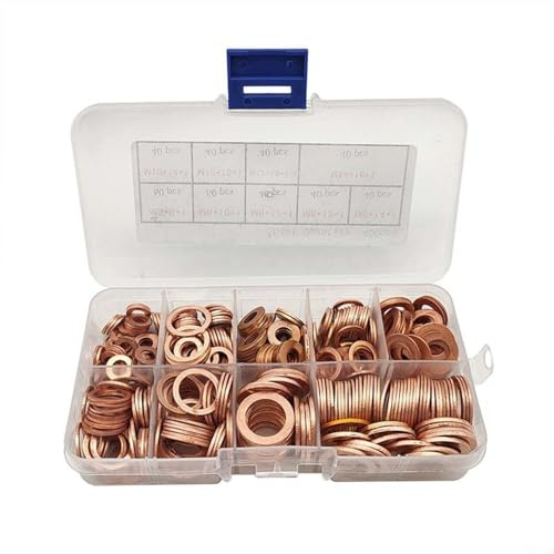 Eawfgtuw Kit surtido de arandelas planas de cobre morado M5 para M14 con juntas de sello de aceite en caja de almacenamiento para aplicaciones industriales, automotrices y domésticas
