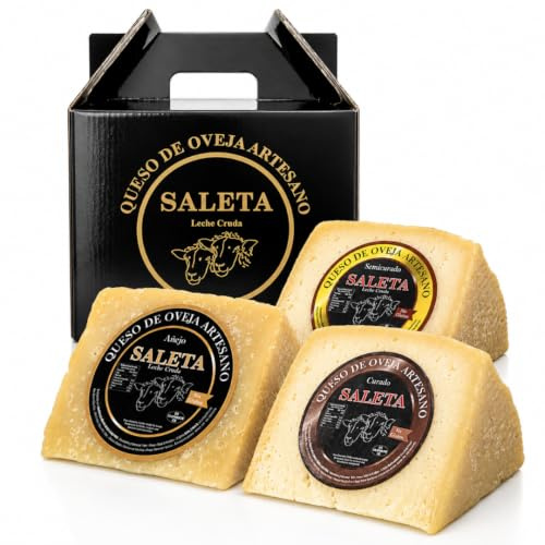SALETA® Cesta Quesos Gourmet Regalo | Queso de Oveja | 3 Cuñas de Queso Añejo, Curado y Semicurado | Surtido de quesos para regalar Pack Tradicional 750 gr