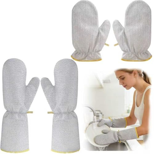 2Pairs Steel Wire Dishwashing Gloves - Heavy Duty Scrubber Long & Short Kitchen Gloves for Washing Dishes, Pans, Pots - Washing Up Gloves for Bathroom Tile Pot Scrubbing Counter Wall （1 Long 1 Short）