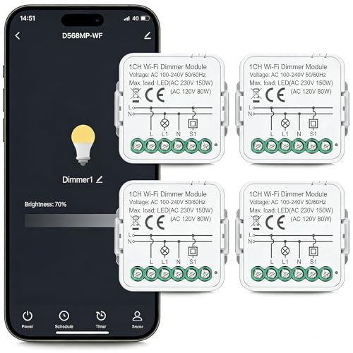 Interruptor Regulador de Luz LED, WIFI 2.4G dimmer led 220v, Regulador Intensidad Luz, Compatible con Alexa, Google,Tuya,Smart life, Control de Voz/temporizador, Se Requiere Cable Neutro (4)
