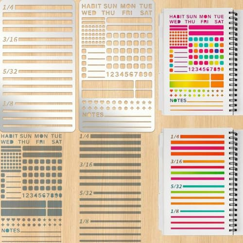 PRESSINART 2 Stück 2 Designs Metall Planer Schablonen Vorlagen Für Bullet Journaling 4 x 7 Zoll Edelstahl Schablonen Set Für Habit Tracker Wöchentliche Monatliche Planer Spreads DIY Scrapbooking