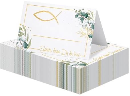 Gemejutor 50 Stück Tischkarten mit goldenem Ichthys-Symbol, Eukalyptus-Design & Schön DASS Du da bist, hochwertige Platzkarten für Taufe, Konfirmation, Kommunion, Hochzeit & Geburtstag