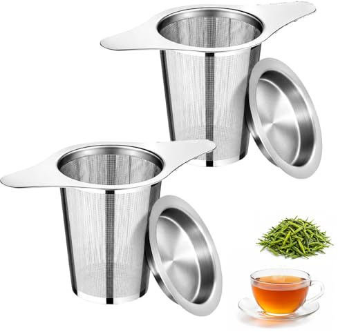 2Pcs Tea Strainers, Stainless Steel Tea Infuser, Loose Leaf Tea Strainer with Lid and Double Handles, Fine Mesh Filter for Teapots, Mugs and Cups, Ideal for Home and Office Use
