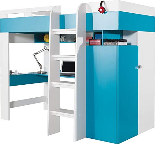 FurnitureByJDM MOBI Hochbett mit Schreibtisch und Schrank - Platzsparendes Kinderbett 90x200 cm - Jugendzimmer Komplett Set - Rechte Leiter (Weiß/Türkis)