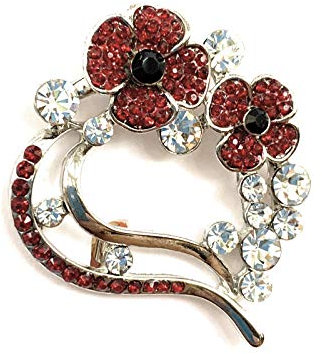 Equilibrium Rote Mohnblumen-Brosche, Anstecknadel, glitzernde Herzform, Metall