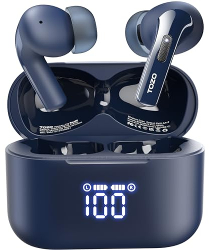 TOZO T20 Wireless Earbuds, Bluetooth Earphones 48.5 Hrs Playtime with LED Digital Display, IPX8 Waterproof, Dual Mic Call Noise Cancelling, 10mm Broad Range Speakers (Blue)