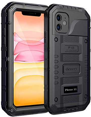 Beeasy Fodral till iPhone 11 IP68 Vattentätt, Aluminium Metall Rustning Kraftig Stöttålig Telefonskydd, Inbyggd Skärmskydd, 360° Fullständig Kropp Militärklass Skyddsfodral, Svart