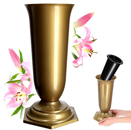 KADAX gravvas, vas av plast, blomvas, plastvas för blommor, väderbeständig kyrkogårdsvas, frostsäker stickvas för grav, väderbeständig gravdekoration (15,5 cm, guld)