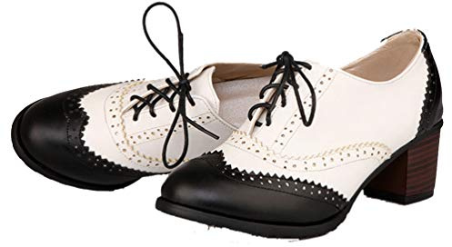 Bellirala Womens Brogue Oxfords Chunky Block Heel Lace Up Pumps Vintage Dress Shoes(Black White,US Size 7)