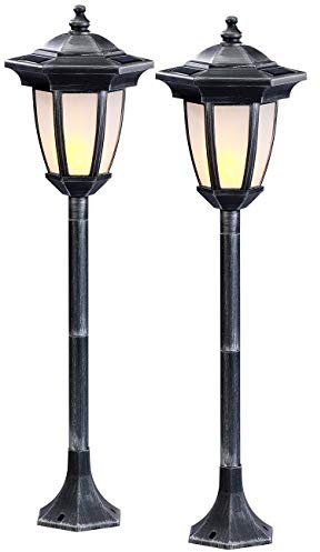 Lunartec Standlaterne Garten: 2er-Set Solar-LED-Standlaterne mit Flammeneffekt, 64 cm Höhe, IP44 (Solar Garten, Lampe, Kabellose Lampen)