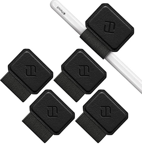 FINTIE 4 Pack Pen Loop Holder Compatible with Apple Pencil 1st and 2nd Generation Stylus Pens, Elastic Adhesive Leather Pouch Sleeve Attached to Cases, Notebooks Journals Calendars, Black (AAPA198)