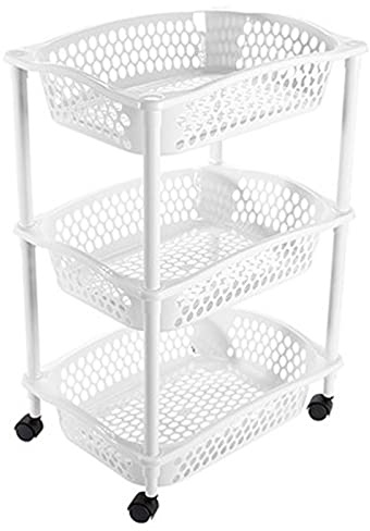 Acan Vegetable Trolley with 3 Baskets and Wheels, Plastic Slides, Food Organizer, Kitchen, Bathroom, Garage (White, 61.5 x 41 x 30.5 cm)