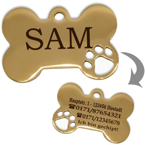 Ibera gifts - Hundemarke mit Gravur und personalisierte Hundemarke in Knochenform für mittelgroße bis große Haustiere (Groß, 1 Pfote, Gold)