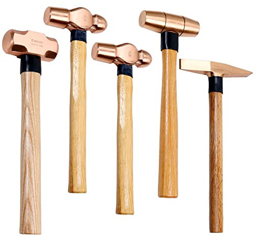 WEDO Lot de 5 marteaux en cuivre (1,4 kg) - Marteau à panne (0,5 kg et 0,9 kg) - Marteau à détartrer (300 g), long manche droit en bois, tête en cuivre