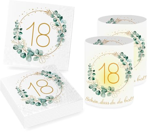 Sprinlot 20 Stück Servietten 18. Geburtstag+12 Stück Windlicht Tischdeko 18 Geburtstag, Deko 18. Geburtstag Mädchen Junge, Servietten Eukalyptus Geburtstag Windlichter Wohnungseinrichtung