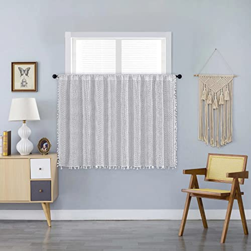 Sutuo Home Boho Sheer Curtain Valance Tier Crochet Lace with Bohemian Hollow Knitted Handmade Tassels, Short Farmhouse Window Treatment for Kitchen Cafe, Rod Pocket, 1 Panel 59 W x 36 L, White