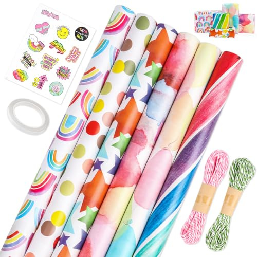 GAOHUI 6 Pack Wrapping Paper Roll, 43cm x 3M Colourful Birthday Wrapping Paper Roll with 2 Rope and 1 Sticker, Double-Sided Tape, Perfect for Christmas, Mothers Day, Valentine Day, Easter