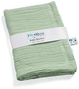 pic Bear Babydecke aus 100% Musselin-Baumwolle, 70x100 cm – Weich, hautfreundlich & vielseitig für Zuhause und Unterwegs (grayed Jade)