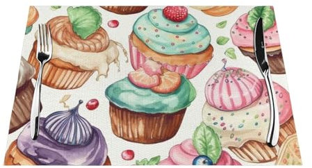 Tovagliette all'americana con stampa di cupcake, ciambelle, muffin, zucchero, resistenti al calore, lavabili e durevoli, in PVC, per cucina, tavolo da pranzo, decorazione 45,7 x 30,5 cm