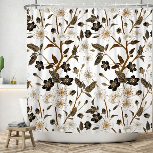 ASDCXZ Blumen Duschvorhang 180x200 cm, Frühling Schwarz Golg Weiß Blumen Blätter Bad Waschbar Duschvorhänge Polyester Textil Wasserdicht Badevorhang für Badewanne mit 12 Haken